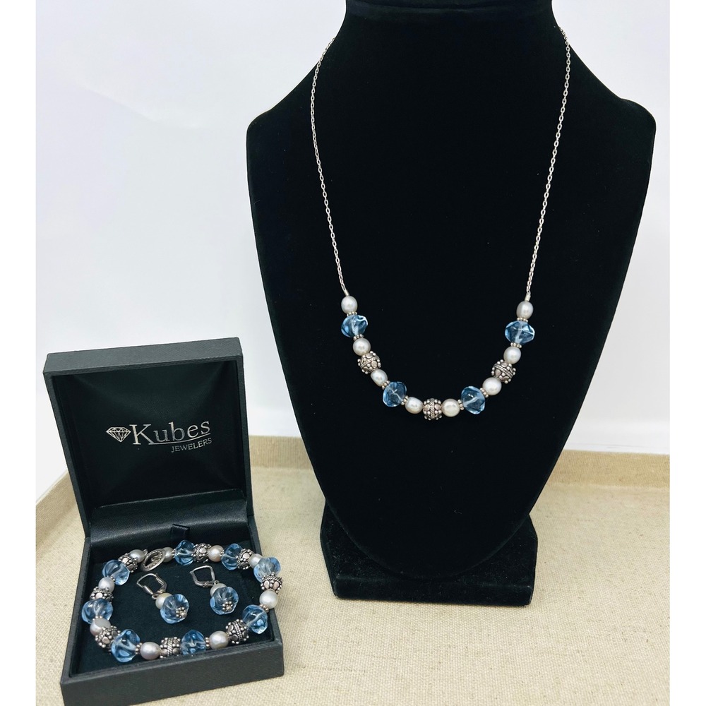 Sterling Silver 925 Pearl Blue Lampwork Glass Jewelry Set 3pc